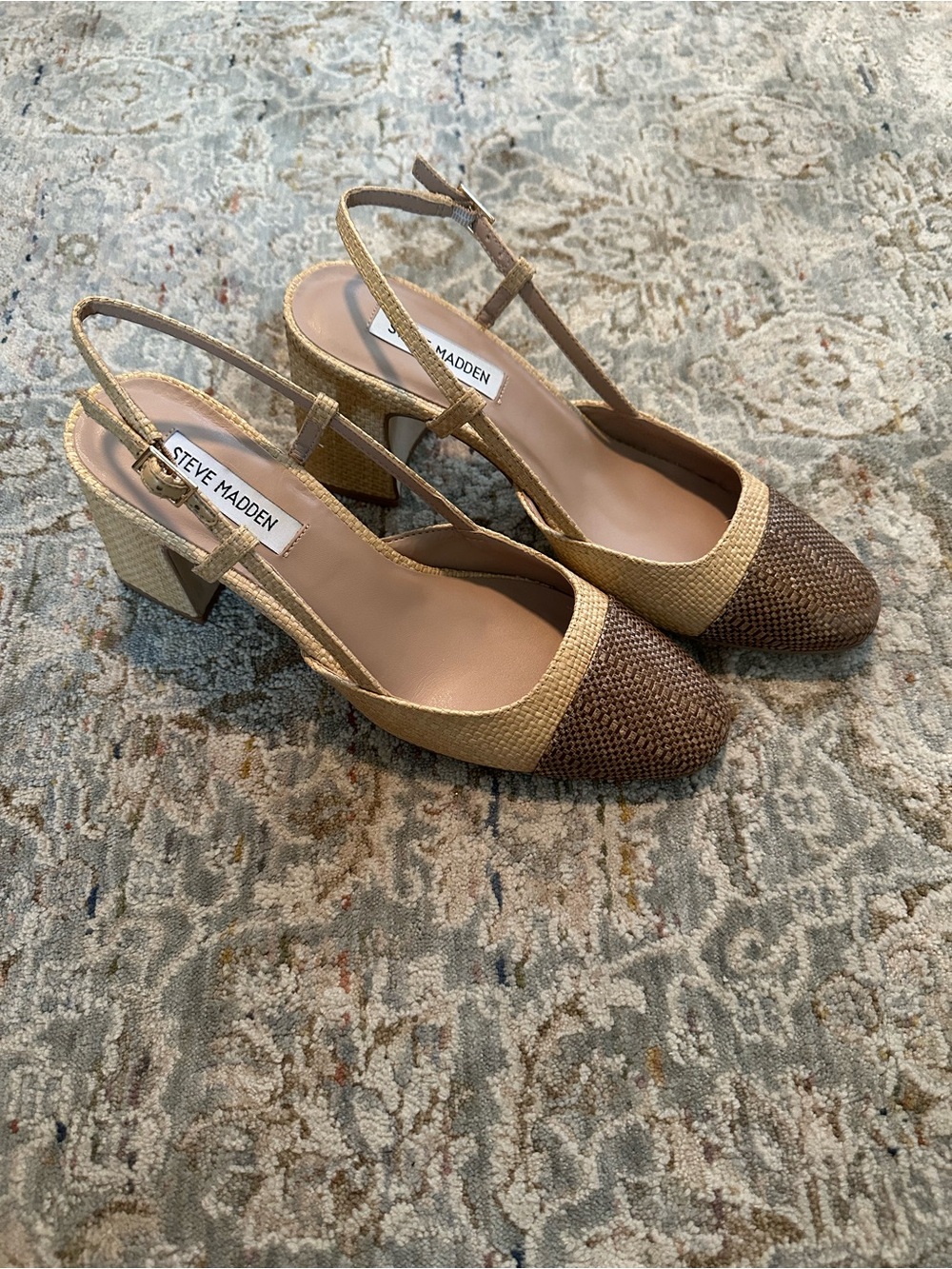 Steve Madden Becka Raffia Cap Toe Slingback Block Heel Pumps